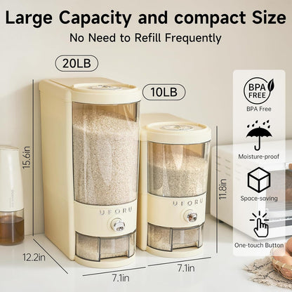 UFORU Rice Dispenser, Rice Storage Container with Measuring Cup for Kitchen Pantry Household, Dry Food Storage Containers Airtight, Sealed Moisture Proof, Cream White 11 Lbs