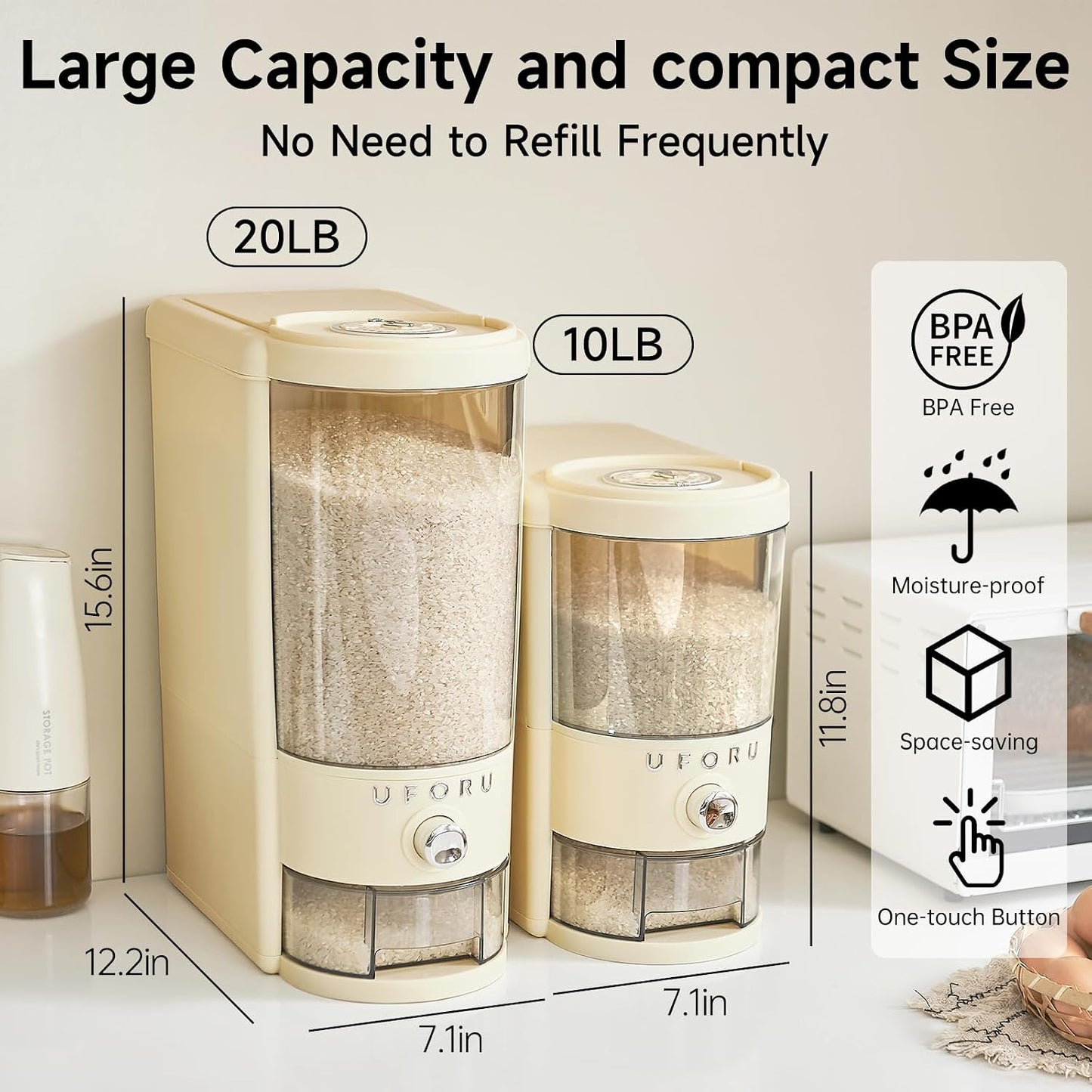 UFORU Rice Dispenser, Rice Storage Container with Measuring Cup for Kitchen Pantry Household, Dry Food Storage Containers Airtight, Sealed Moisture Proof (White 11Lbs)
