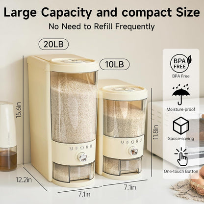 UFORU Rice Dispenser, Rice Storage Container with Measuring Cup for Kitchen Pantry Household, Dry Food Storage Containers Airtight, Sealed Moisture Proof (White 11Lbs)