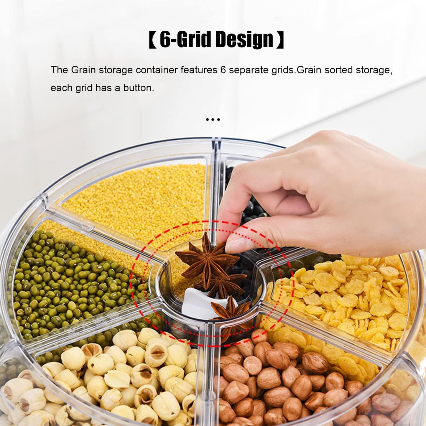 XIYAO 20Lbs Grain dispenser 360°Rotating Rice Dispenser 6 Grids Transparent Rotatable Cereal Storage Container with Sealed lid for Dry Food Beans Peanut Barley Millet Seeds