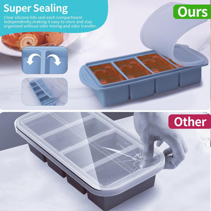 3-Pack Silicone Freezer Trays with Lid,4 Large 1-Cup(250ml)&6 Medium 1/2-Cup(125ml)&15 Small 2 Tbsp(30ml) Soup Freezer Container Molds,Ice Cube Tray For Meal Prep&Freezing Soup,Herbs (Blue 3 Pack)