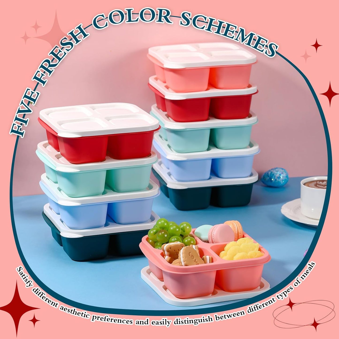 Honeydak 10 Pack Bento Snack Containers 4 Compartment Snack Boxes Reusable Containers with Lids Divided Meal Prep Lunch Food Storage Box for School Work Travel