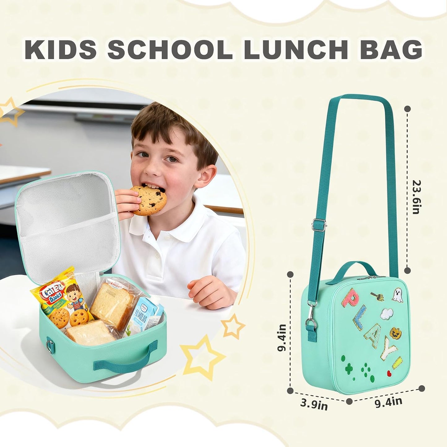 Kids Lunch Box for Kids Insulated Reusable Lunch Bag Tote Durable Children Leak-proof Lunchbox with Adjustable Shoulder Strap for School Daycare Travel Picnic (Navy - 3D Dinosaur)