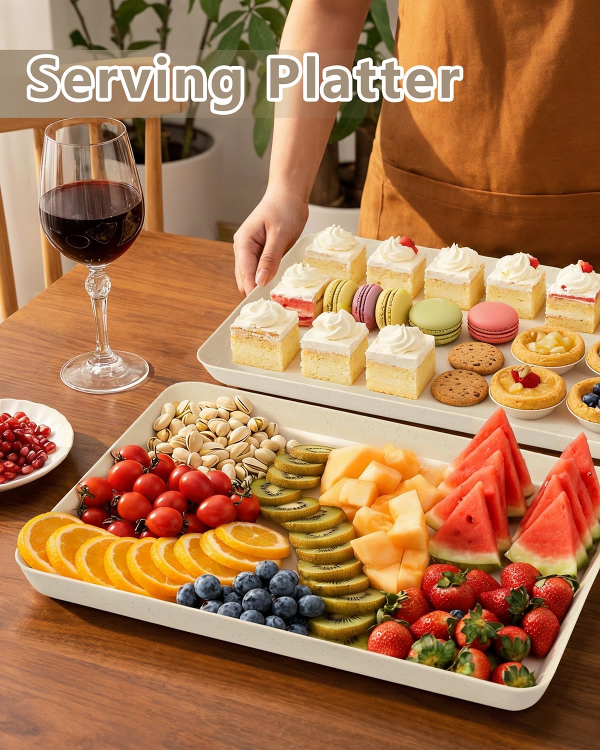 YOUBET 6 PCS Plastic Serving Trays - White Trays for Serving Food - Super Strong Disposable Platters, Heavy Duty Plastic Trays for BBQ, Picnic, Party, Wedding