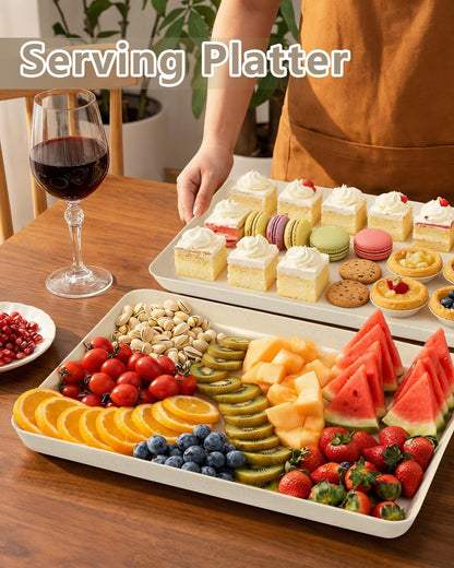 YOUBET 6 PCS Plastic Serving Trays - White Trays for Serving Food - Super Strong Disposable Platters, Heavy Duty Plastic Trays for BBQ, Picnic, Party, Wedding