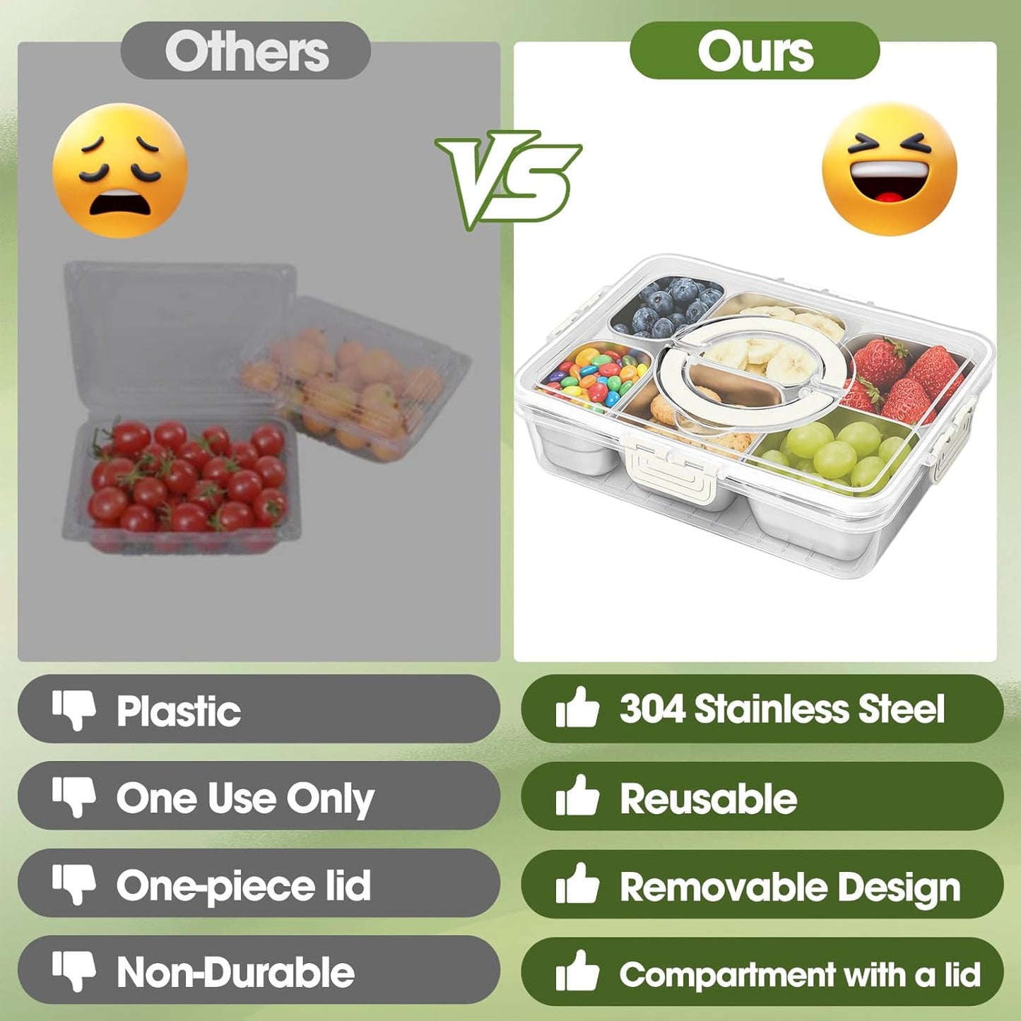 WanshengLe 6 in 1 Snackle Box 3.82L with Lid & Handle, 4 PCS Stainless Steel Snack Box and 2 PCS Plastic Box, 6 Detachable & Dishwasher Safe Snacklebox, Divided Container Box for Snack Fruit Nut