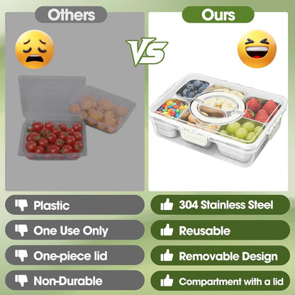 WanshengLe 6 in 1 Snackle Box 3.82L with Lid & Handle, 4 PCS Stainless Steel Snack Box and 2 PCS Plastic Box, 6 Detachable & Dishwasher Safe Snacklebox, Divided Container Box for Snack Fruit Nut