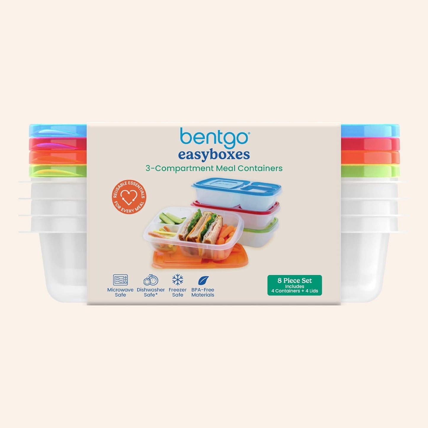 Bentgo Easyboxes - Original Stackable Lunch Boxes - Reusable 3-Compartment Food Containers for Kids and Adults - Bento Lunch Box for Meal Prep, School, & Work - BPA Free, Set of 4 (Earth Tones)