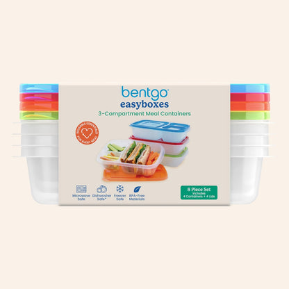 Bentgo Easyboxes - Original Stackable Lunch Boxes - Reusable 3-Compartment Food Containers for Kids and Adults - Bento Lunch Box for Meal Prep, School, & Work - BPA Free, Set of 4 (Earth Tones)