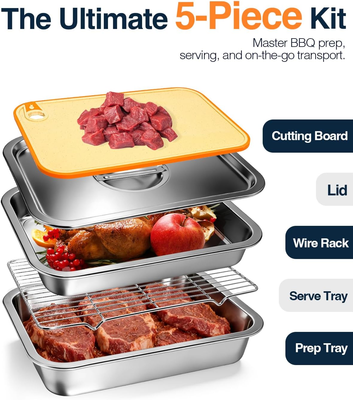 5 in 1 Grill Prep Tray and Carry System, Large Grilling Prep and Serve Trays with Lid and Cutting Board, Deep Meat Marinating Container as BBQ Grilling Gift, Home Series, L