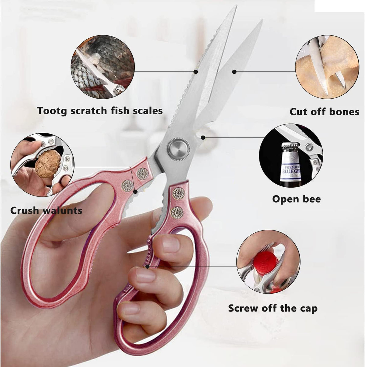 Heavy Duty Sharp Kitchen Scissors, Dishwasher Safe, Cooking Shears for Meat, Chicken, Fish, Poultry, Herb, Bread (Red)
