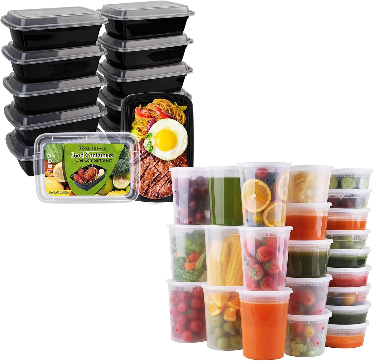 WGCC Meal Prep Containers 32oz 10Pack and Deli Containers with Lids 48 Sets-8oz, 16oz, 32oz, Leakproof, BPA Free/Microwave/Freezer/Dishwasher Safe