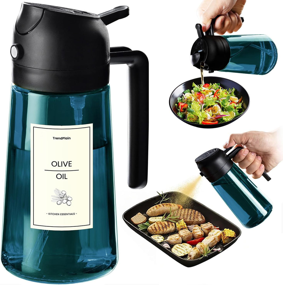 TrendPlain 16oz/470ml Blue Glass Olive Oil Sprayer for Cooking - 2 in 1 Olive Oil Dispenser for Kitchen Gadgets, Air Fryer, Salad, and BBQ - Black
