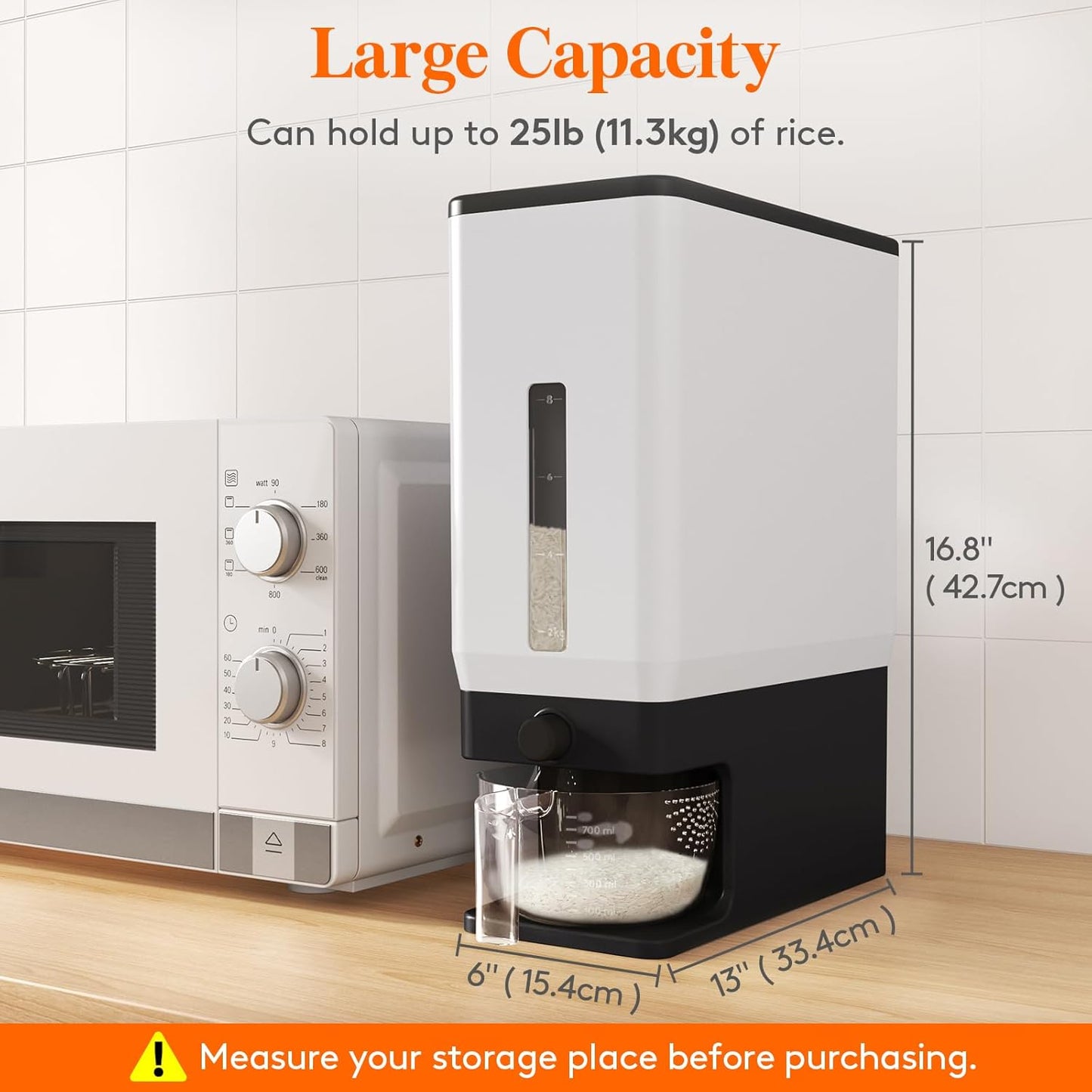 Lifewit Rice Dispenser 25 Lbs(11.3kg), Rice Storage Container Sealed Moisture Proof with Measuring Cup for Kitchen Pantry Household, BPA-Free, 1 Pack Grey