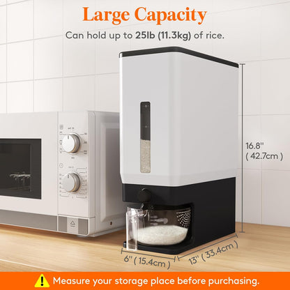 Lifewit Rice Dispenser 25 Lbs(11.3kg), Rice Storage Container Sealed Moisture Proof with Measuring Cup for Kitchen Pantry Household, BPA-Free, 1 Pack Grey