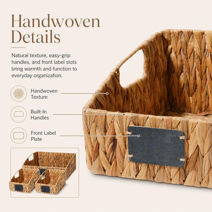 Water Hyacinth Storage Baskets Set of 3 with Chalkboard Labels — Wicker Pantry Organizer Baskets for Kitchen Shelves, Laundry Room, Bathroom & Bedroom — Woven Snack & Produce Storage Bins
