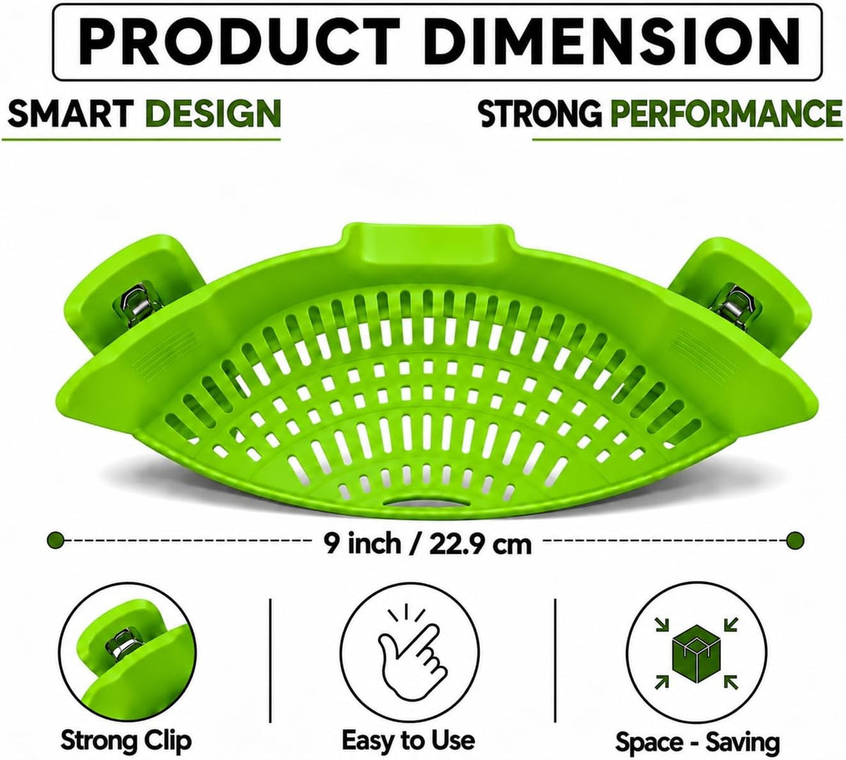 Clip On Pot Strainer for Pots, Pans & Bowls, Silicone Heat Resistant Food Grade Pot Colander, Pasta & Cooking Drainer, Hands-Free Kitchen Strainer with Universal Clip, Dishwasher Safe, Green