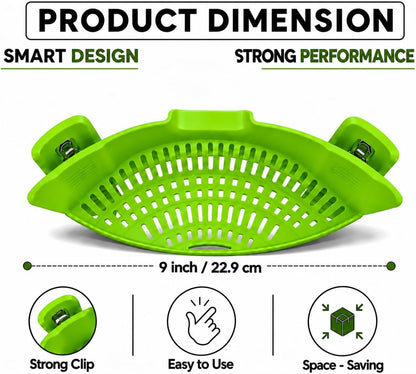Clip On Pot Strainer for Pots, Pans & Bowls, Silicone Heat Resistant Food Grade Pot Colander, Pasta & Cooking Drainer, Hands-Free Kitchen Strainer with Universal Clip, Dishwasher Safe, Green