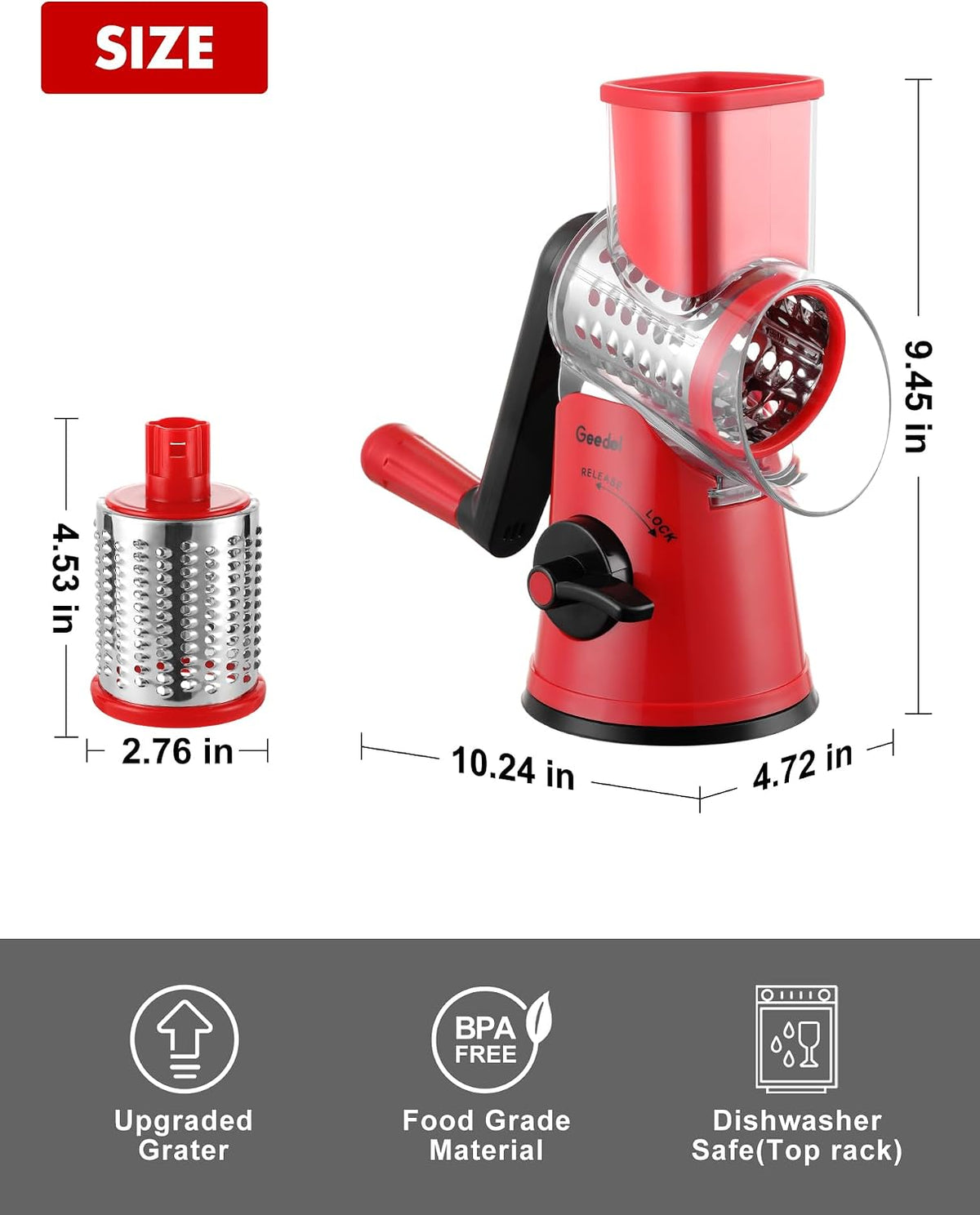 Geedel Rotary Cheese Grater Hand Crank, Cheese Shredder Vegetable Slicer