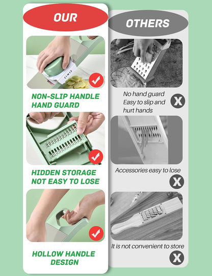 Vegetable Chopper, 7 in 1 Mandoline Food Slicer Cutter with Handheld Container, 6 Blades and Blade Box, Cheese Grater, Cucumber Slicer, Magnetic Kitchen Tools for Veggie Potato Onion Butter Carrot