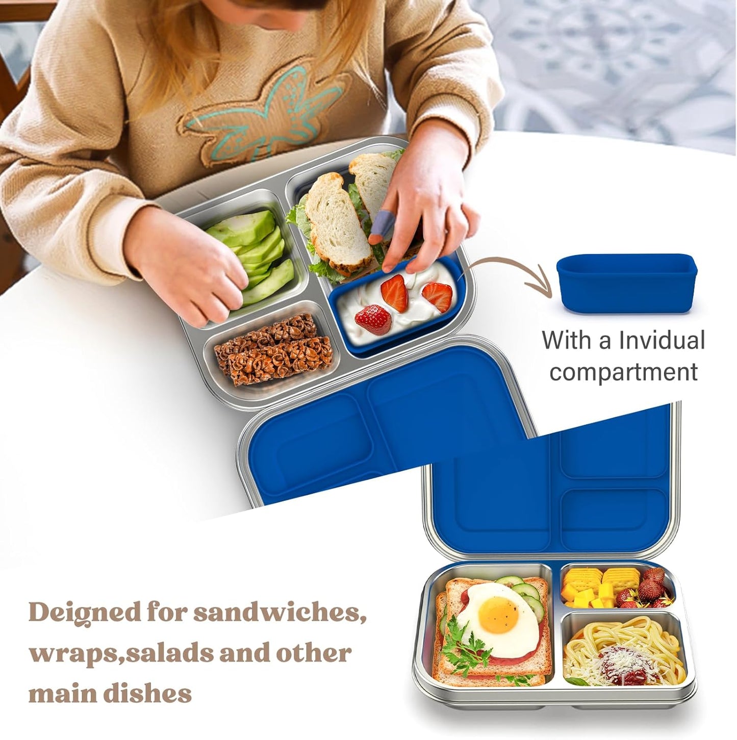 BABHAMNESS Stainless Steel Bento Box Kids, 3 Compartments Leak Proof Metal Bento Lunch Box, 304 Stainless Steel Bento Lunch Containers for School and Office,Dishwasher Safe, BPA-Free-Pink