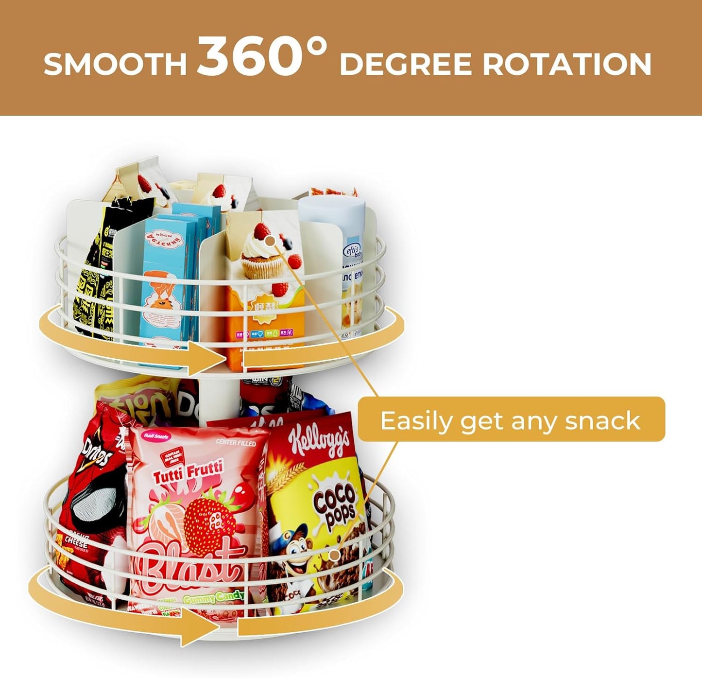 Snack Organizer - Versatile Snack Storage 2 Tier Lazy Susan with Convenient Grab-and-Go Design, Metal Snack Holder for Home, Office, Breakroom, 11.85" L x 11.85" W x 13.3" H (Matte Black)