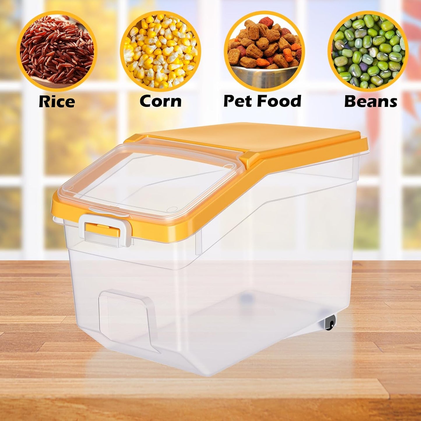 Sunnyray 4 Pcs Rice Storage Container 22 lb Airtight Flour Container with Wheels Measuring Cup Clear Pet Food Cube Dog Cat Birds Food Bin Grain Cereal Organizer Box for Dry Baking Supplies(White Lid)