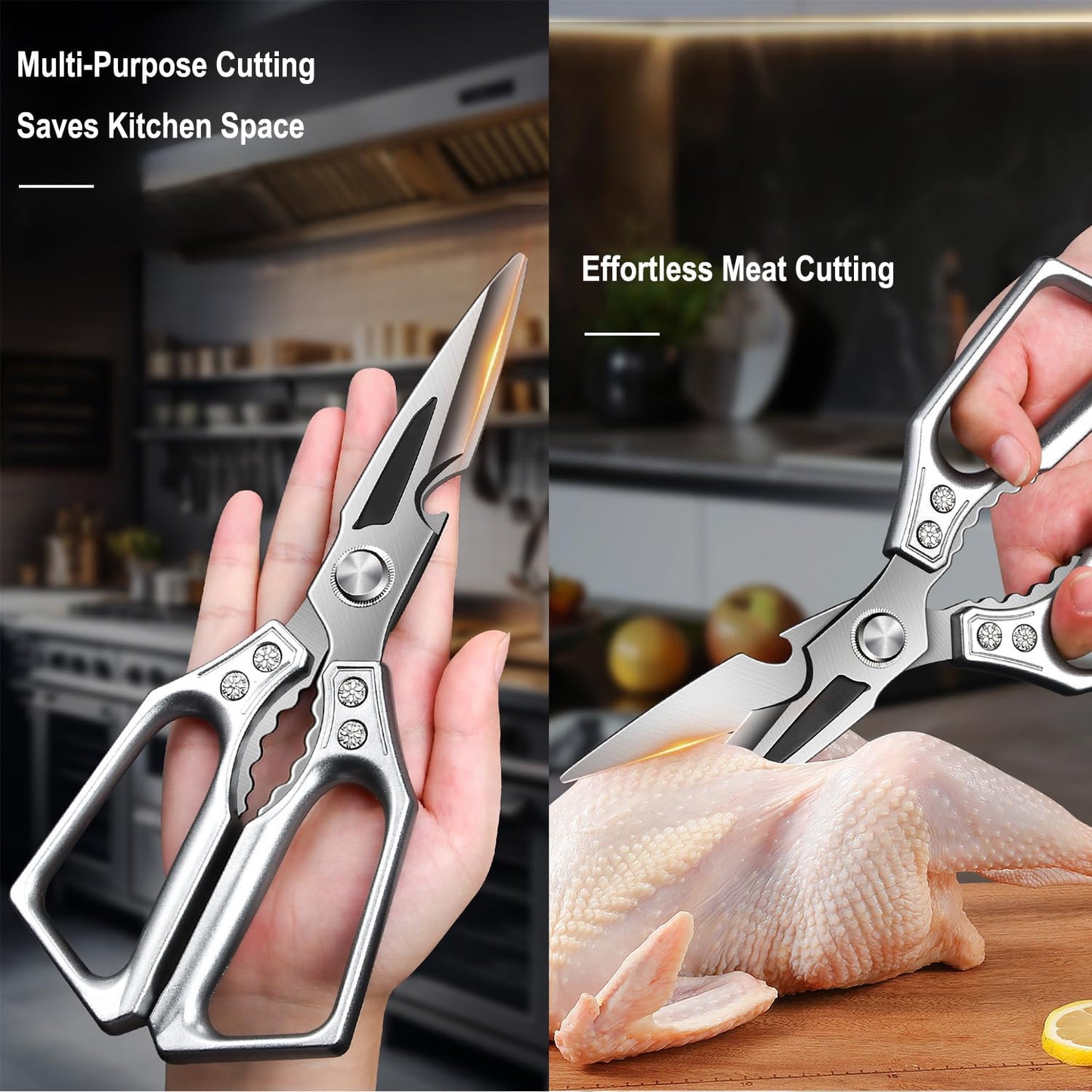 Heavy Duty Kitchen Scissors - 3.0mm Thickened Professional Stainless Steel Blades, All-Purpose Dishwasher Safe Meat & Poultry Shears for Cutting Chicken Bones, Food Prep