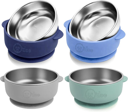 o'doe Suction Bowls for Baby - Non-Toxic Stainless Steel Baby Bowls 5" with Non-Slip Removable Silicone Shell - BPA-Free Toddler Bowls (Dark Blue + Powder Blue + Grey + Green)