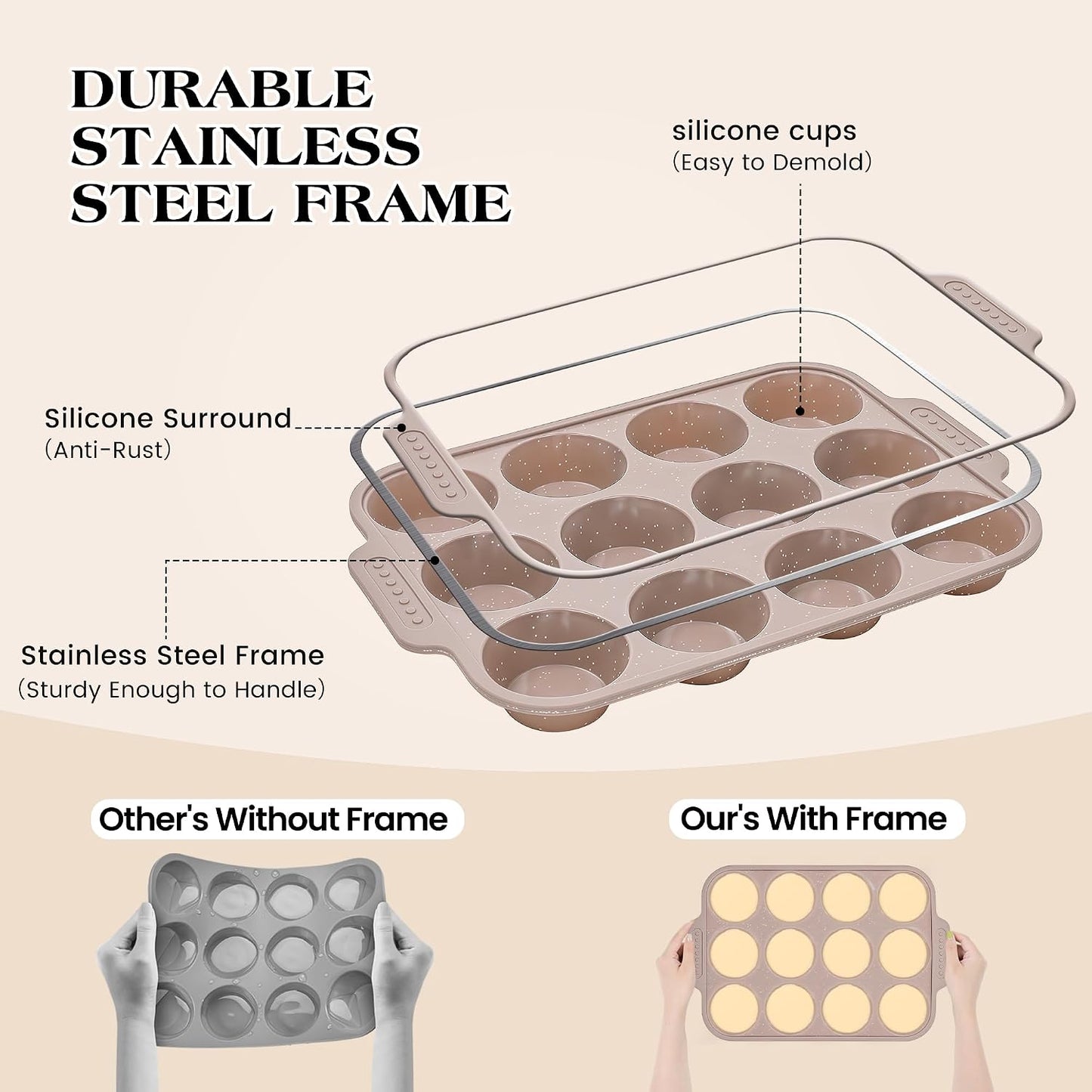 2 Pcs Silicone Muffin Pans for Baking with Metal Reinforced Frame, Nonstick Cupcake Tray for Oven, 12 Cups Regular Size Silicone Molds for Egg Bites, Dishwasher Safe (Brown, Cream)