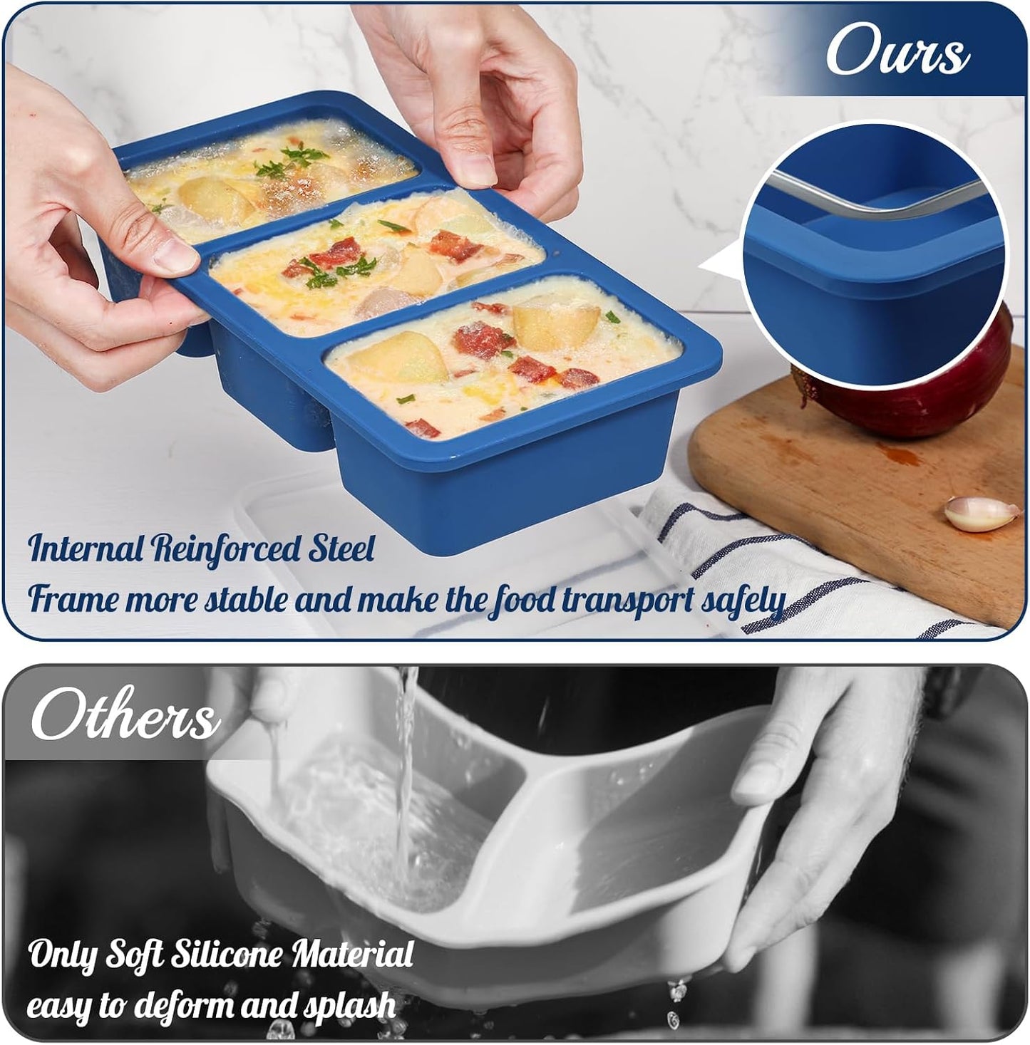 Koluti 2-Pack Nonstick Silicone 3 Soup Freezer Mold, 1-Cup Large Sauce Ice Tray with Plastic Lid, Stackable Freezing Maker Meal Prep Food Storage Container, Dishwasher Safe & BPA Free