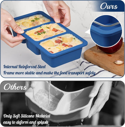 Koluti 2-Pack Nonstick Silicone 3 Soup Freezer Mold, 1-Cup Large Sauce Ice Tray with Plastic Lid, Stackable Freezing Maker Meal Prep Food Storage Container, Dishwasher Safe & BPA Free
