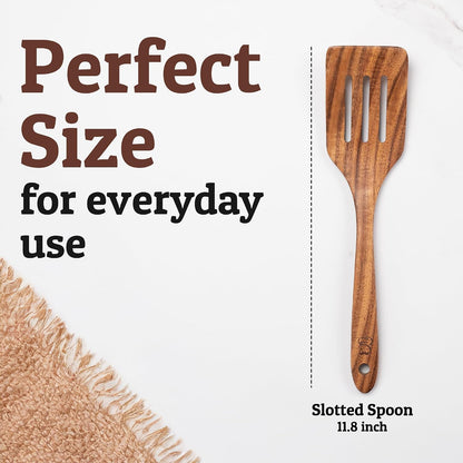 PriorityChef Wooden Slotted Spoon - Premium Teak Cooking Utensil for Frying, Straining & Serving - Long Handle Kitchen Spoon for Nonstick Cookware - Handcrafted Durable Wood