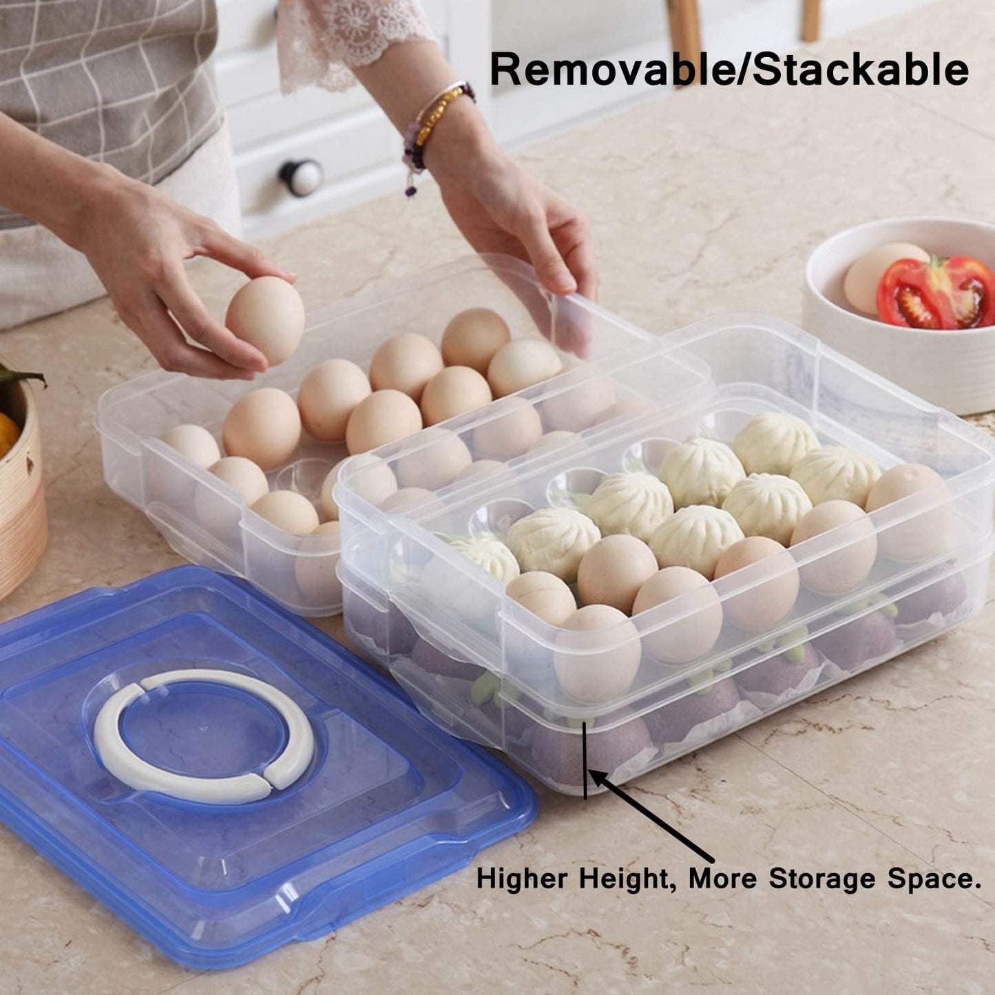 Deviled Egg Tray with Lid, 2-Layer, Stackable Egg Carrier Holder for Refrigerator, Camping Food Storage Container with Handle, Large, 40 eggs(transparent)