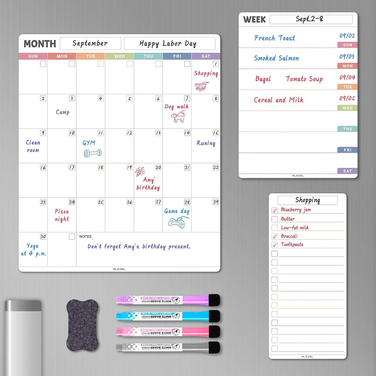 ALEZEL Dry Erase Fridge Calendar Magnetic, Greenery White Board Calendar Dry Erase for Refrigerator - Set of Vertical Monthly & Weekly Calendar for Fridge with 1 List Board, 4 Markers + Eraser