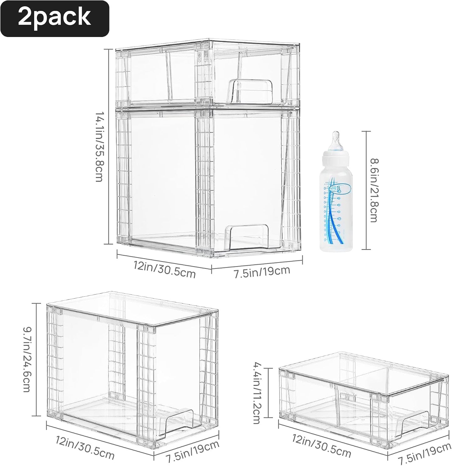 Vtopmart 4 Pack Clear Stackable Storage Drawers,Under Sink and Kitchen Organizers Storage,Easy to Assemble Plastic Drawers for Baby Bottle,Medicine, Bathroom,Cabinet and Pantry Organization