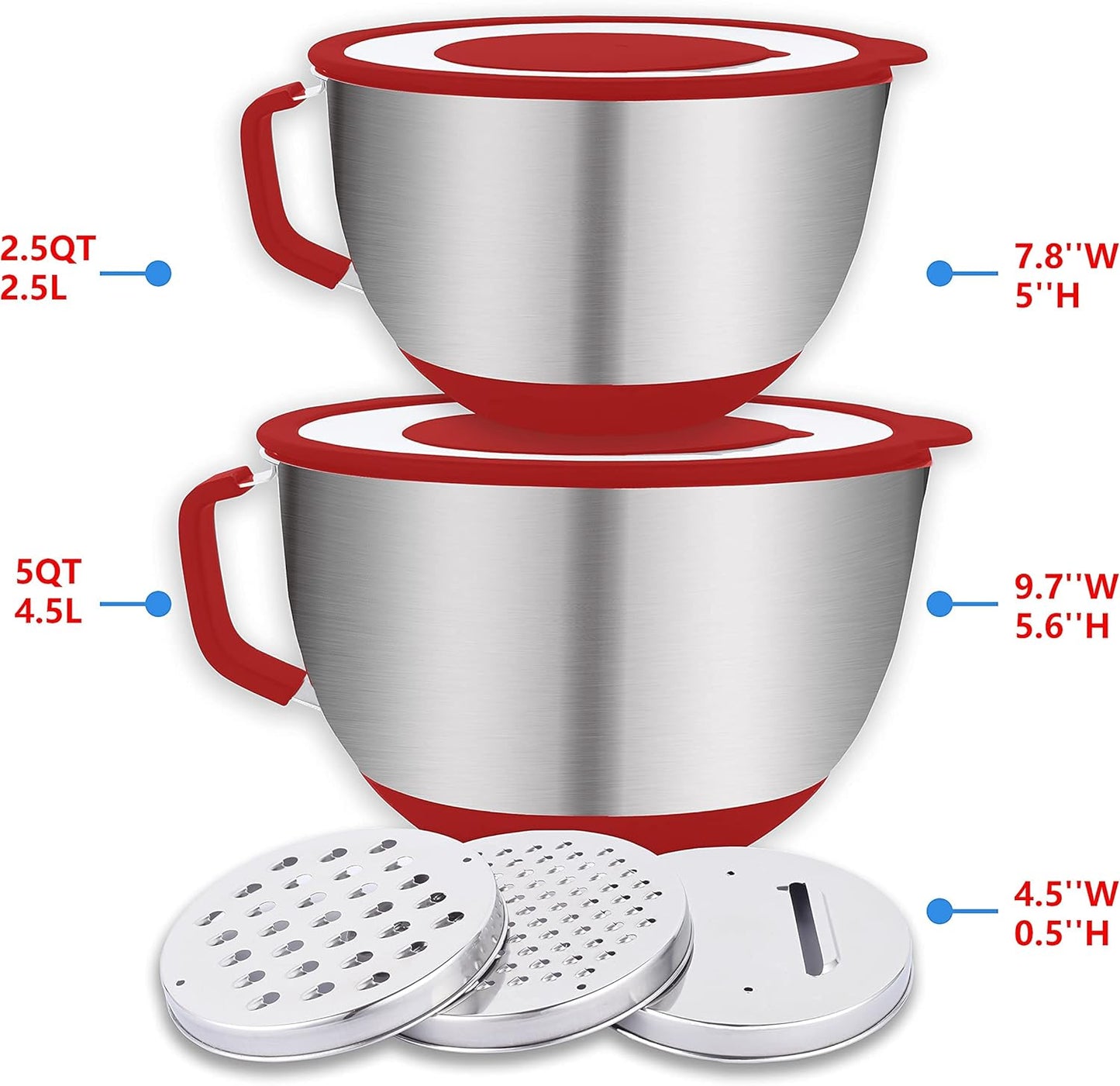 HAPPY KIT 304 Mixing Bowls with Lids Set of 2,Stainless Steel Mixing Bowl with Pour Spout, Non-slip Handle and Bottoms, 3 Grater Attachments, Measurement Marks & Lid, Size 5QT, 3QT(Red)