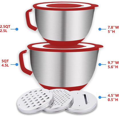 HAPPY KIT 304 Mixing Bowls with Lids Set of 2,Stainless Steel Mixing Bowl with Pour Spout, Non-slip Handle and Bottoms, 3 Grater Attachments, Measurement Marks & Lid, Size 5QT, 3QT(Red)