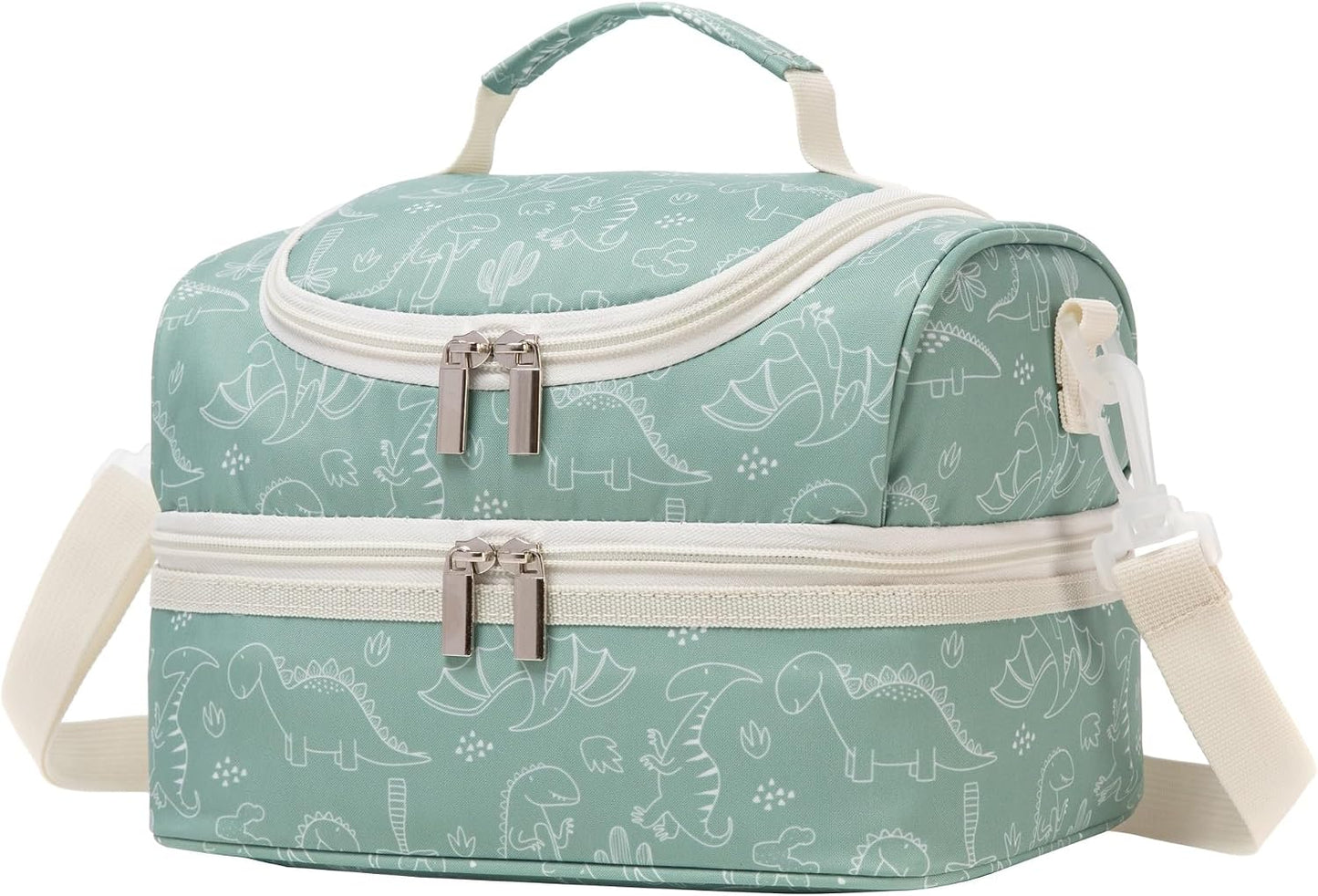 Insulated Kids Dual Compartment Lunch Bags Tote Pack for Girls Boys Toddler Kindergarten School Picnic Cooler Thermal Lunch Boxes with Strap (Green Rainbow)