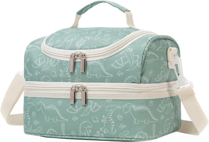 Insulated Kids Dual Compartment Lunch Bags Tote Pack for Girls Boys Toddler Kindergarten School Picnic Cooler Thermal Lunch Boxes with Strap (Green Rainbow)