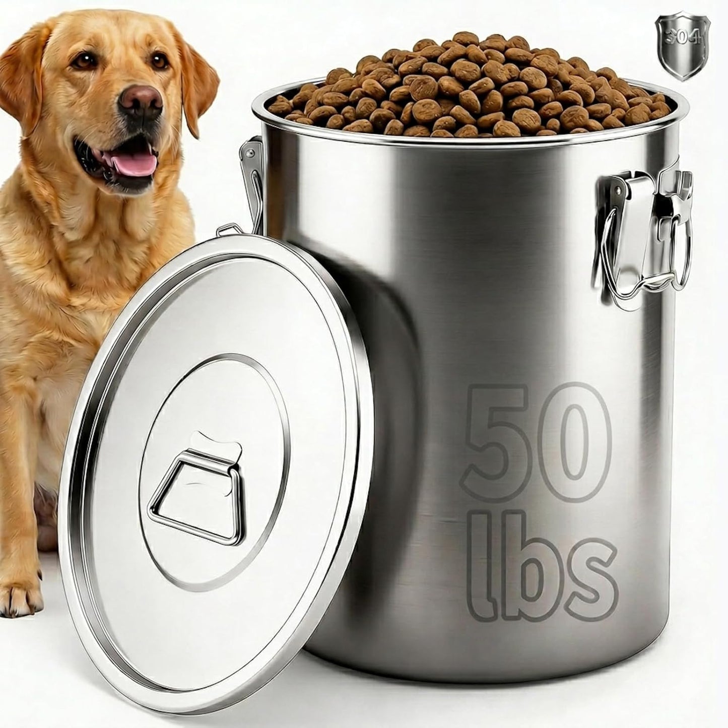 304 Stainless Steel Dog Food Storage Container, 25LB/30LB Airtight Pet Food Container with Locking Lid & Silicone Seal, Large Metal Food Storage Bin for Dry Dog/Cat Food, Rice, Flour (25 LBS)