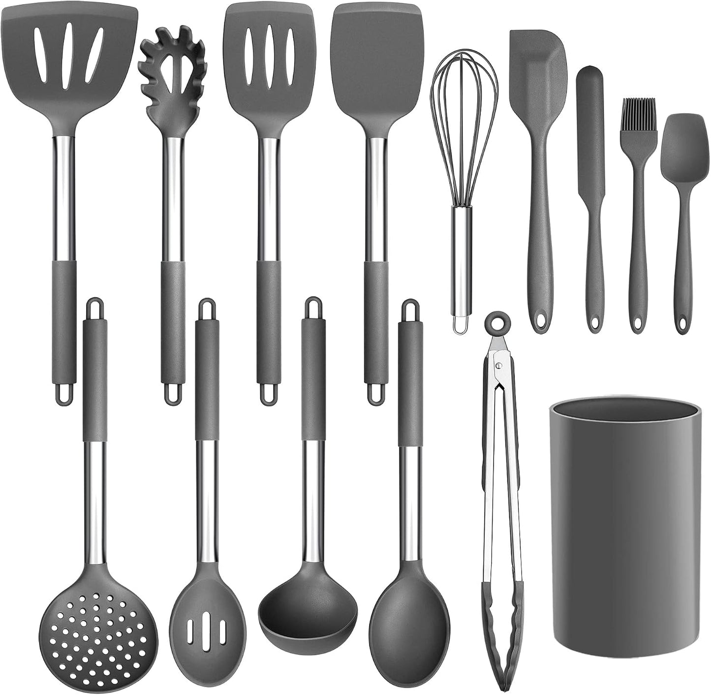 LIANYU 15 Pcs Kitchen Cooking Utensils Set with Holder, Silicone Kitchen Tools with Stainless Steel Handle, Heat Resistant Gadgets, Brush Spatula Spoon Whisk for Cookware, Dishwasher Safe, Khaki