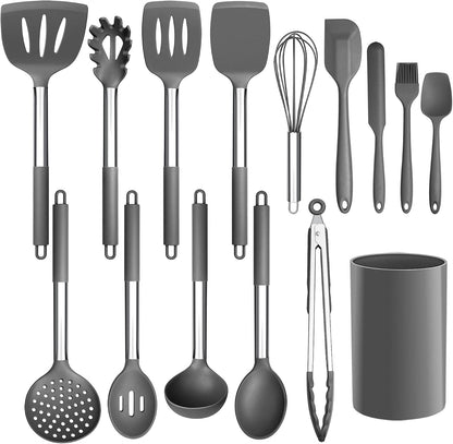 LIANYU 15 Pcs Kitchen Cooking Utensils Set with Holder, Silicone Kitchen Tools with Stainless Steel Handle, Heat Resistant Gadgets, Brush Spatula Spoon Whisk for Cookware, Dishwasher Safe, Khaki