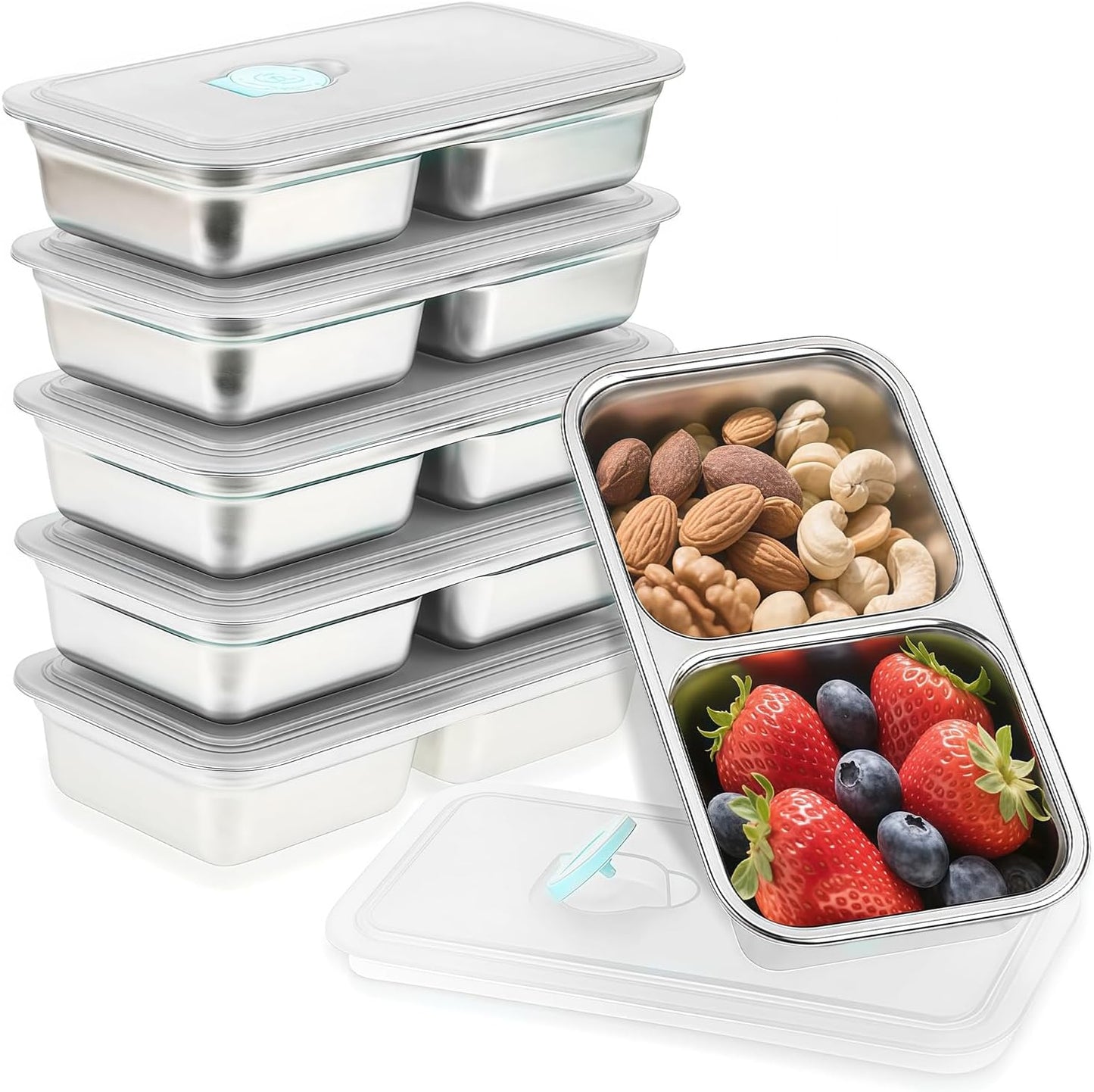 Stainless Steel Snack Containers, 6-Pack Reusable Grab and Go Containers with Lids, Dual Compartment Bento Box for Travel, Camping & Lunch Prep