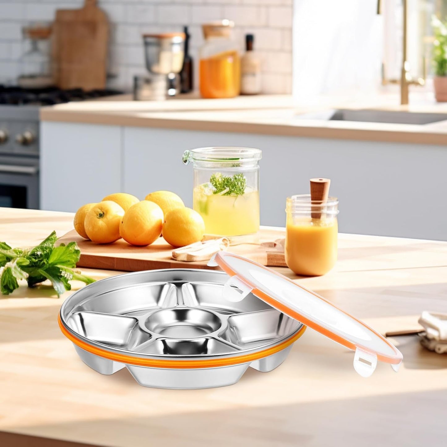 Toyvian Stainless Steel Divided Serving Tray with Lid 6-Compartment Veggie Tray Fruit Platter Snack Containers for Family Gatherings Picnics 10.23X10.23X2.16In