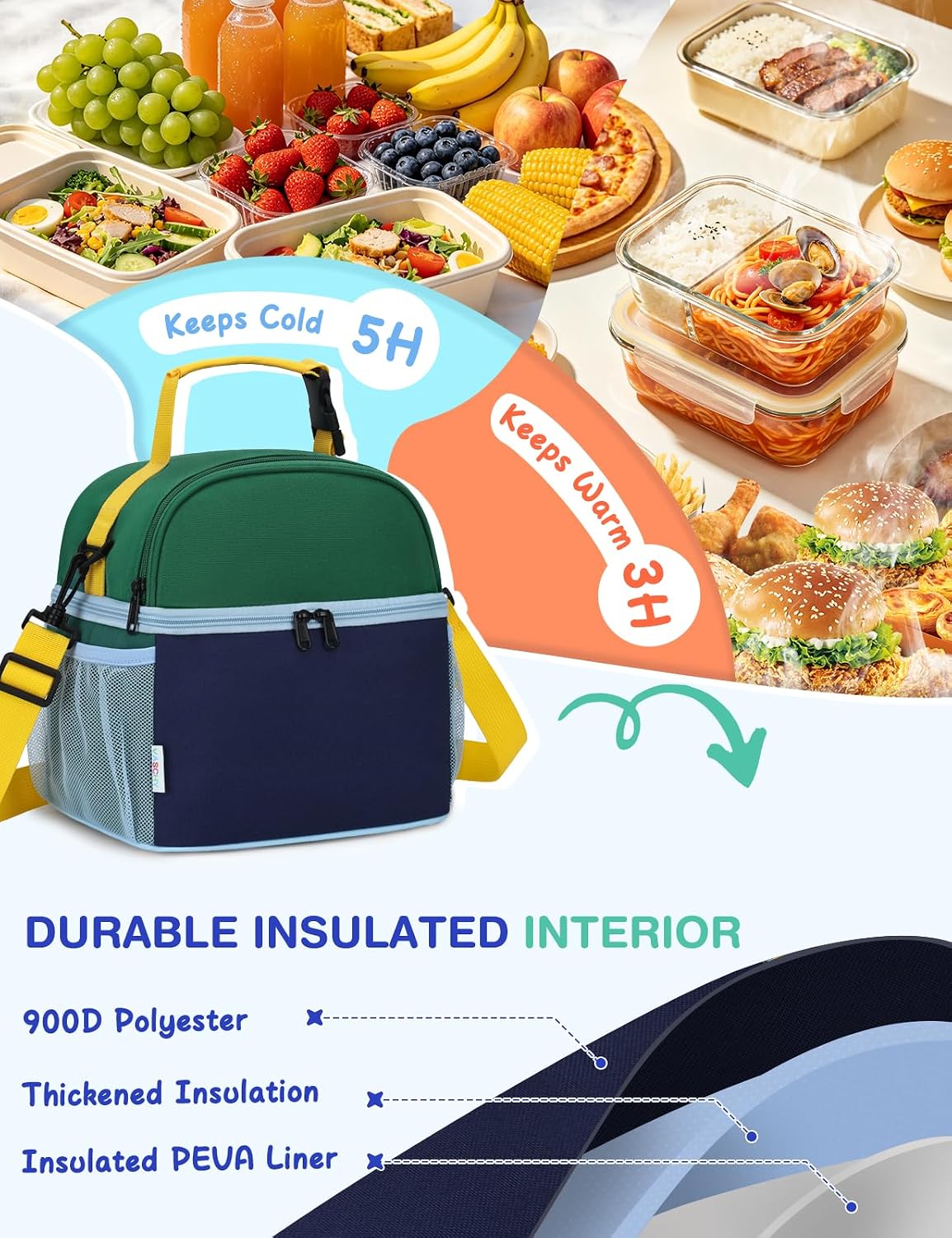 VASCHY Lunch Box Bag for Kids, Insulated Double Compartments Cooler Lunch Tote for Toddlers Boys Girls School/Daycare/Picnic Black Dinos