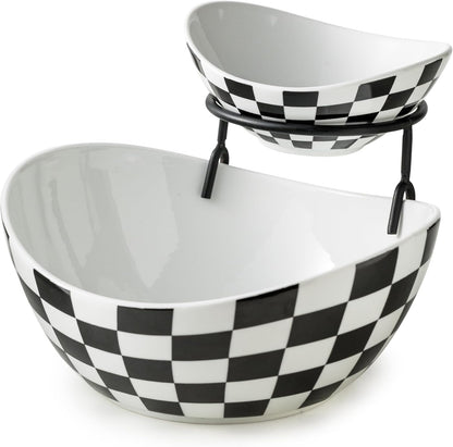 Miamolo Porcelain Serving Bowl Set for Appetizer Serving Dishes Set with 2 Compartment, Chip and Dip Taco Rack Display Salad Bar Serving Set, Gold Stand