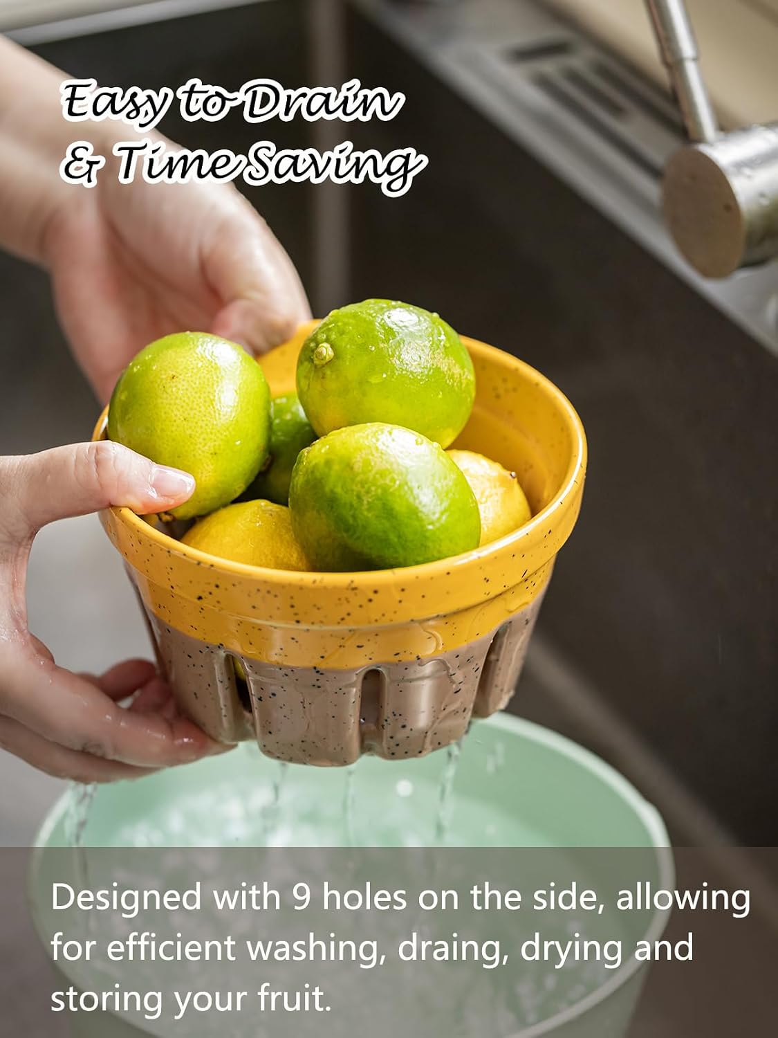 Gomakren Berry Bowls with Holes Ceramic, Berry Washing Bowl Basket Set of 2, 5.8 Inch Round Fruit Bowl Storage Containers, Strawberry Baskets, Farmhouse Kitchen Decor, Yellow + Brown