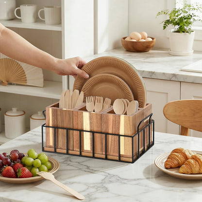 Silverware Holder for Party, Acacia Utensil Holder with 4 Removable Compartments for Countertop, Silverware Caddy Flatware Organizer Box for Utensil Spoons Forks Plate Napkin, Detachable Sevring Caddy