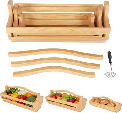 3-Piece Wooden Garden Harvest Basket Set with Handles (S/M/L), Sturdy Pine Wood Gathering Hod for Vegetable Harvesting, Fruit Picking & Farmhouse Storage Decor